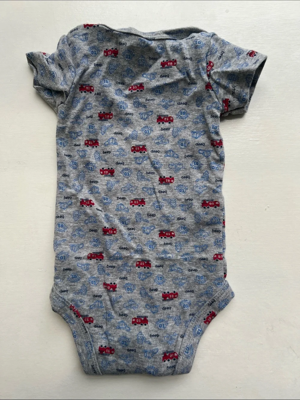 2 Carter's Gray Short-Sleeve Onesie with Red Fire Truck & Blue Car Print